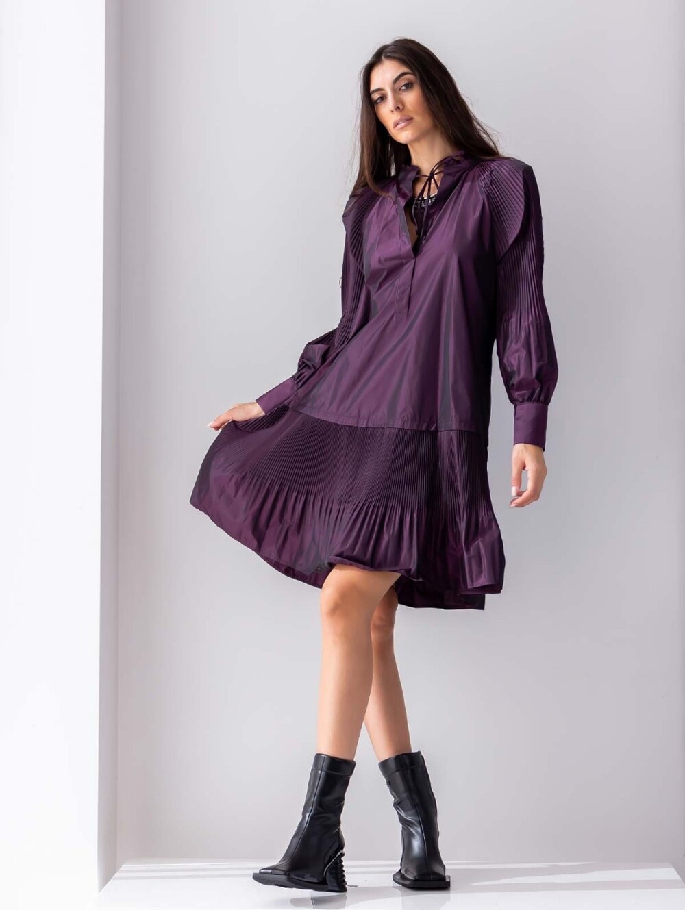 Beatrice B Frill Neck Pleated Hem Dress